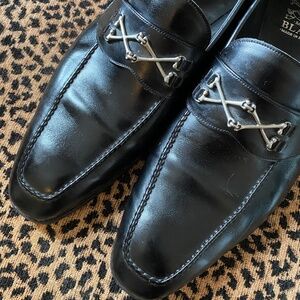 Barker Black Wolfe Loafers Silver Crossbone Trim Size 13